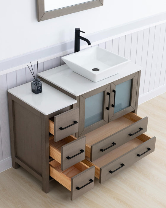 Ravenna 42" Single Sink Bathroom Vanity Combo Set, 5 Drawers 1 Shelf 2 Cabinet White Engineered Marble Top and Ceramic Vessel Sink Bathroom Cabinet with Free Mirror - HomeBeyond