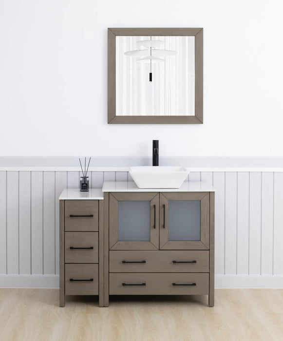 Ravenna 42" Single Sink Bathroom Vanity Combo Set, 5 Drawers 1 Shelf 2 Cabinet White Engineered Marble Top and Ceramic Vessel Sink Bathroom Cabinet with Free Mirror - HomeBeyond
