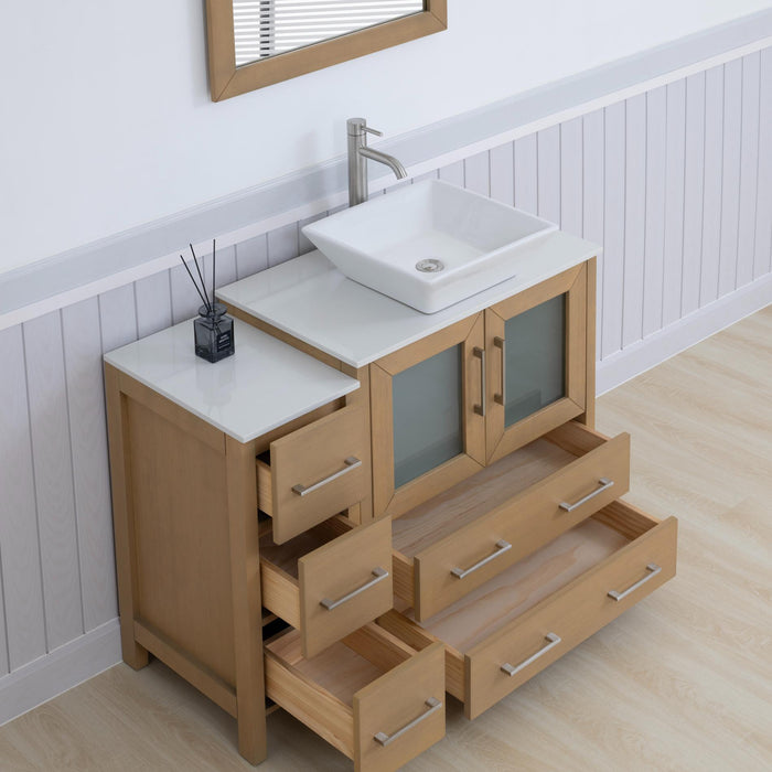 Ravenna 42" Single Sink Bathroom Vanity Combo Set, 5 Drawers 1 Shelf 2 Cabinet White Engineered Marble Top and Ceramic Vessel Sink Bathroom Cabinet with Free Mirror - HomeBeyond