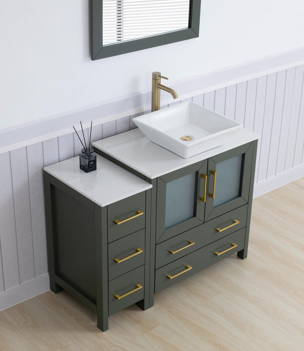 Ravenna 42" Single Sink Bathroom Vanity Combo Set, 5 Drawers 1 Shelf 2 Cabinet White Engineered Marble Top and Ceramic Vessel Sink Bathroom Cabinet with Free Mirror - HomeBeyond