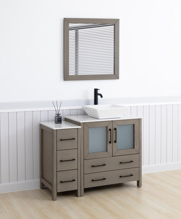 Ravenna 42" Single Sink Bathroom Vanity Combo Set, 5 Drawers 1 Shelf 2 Cabinet White Engineered Marble Top and Ceramic Vessel Sink Bathroom Cabinet with Free Mirror - HomeBeyond
