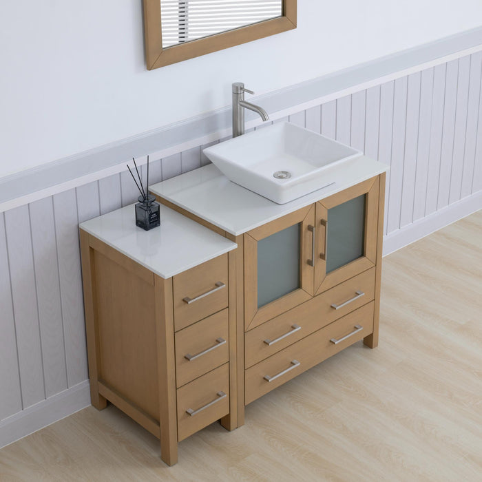 Ravenna 42" Single Sink Bathroom Vanity Combo Set, 5 Drawers 1 Shelf 2 Cabinet White Engineered Marble Top and Ceramic Vessel Sink Bathroom Cabinet with Free Mirror - HomeBeyond