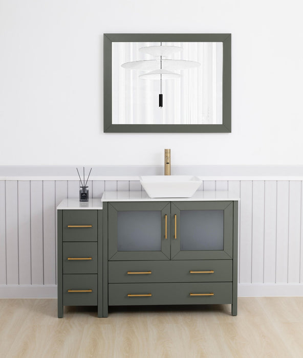 Ravenna 48" Single Sink Bathroom Vanity Combo Set, 5 Drawers 1 Shelf 2 Cabinet White Engineered Marble Top and Ceramic Vessel Sink Bathroom Cabinet with Free Mirror - HomeBeyond