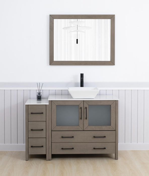 Ravenna 48" Single Sink Bathroom Vanity Combo Set, 5 Drawers 1 Shelf 2 Cabinet White Engineered Marble Top and Ceramic Vessel Sink Bathroom Cabinet with Free Mirror - HomeBeyond