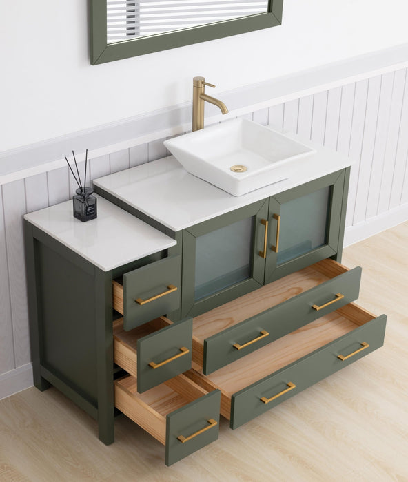 Ravenna 48" Single Sink Bathroom Vanity Combo Set, 5 Drawers 1 Shelf 2 Cabinet White Engineered Marble Top and Ceramic Vessel Sink Bathroom Cabinet with Free Mirror - HomeBeyond