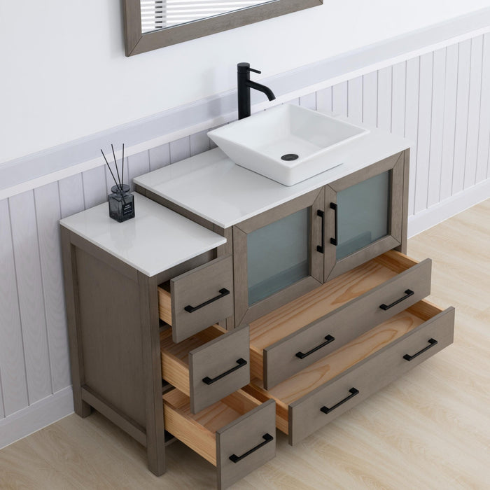 Ravenna 48" Single Sink Bathroom Vanity Combo Set, 5 Drawers 1 Shelf 2 Cabinet White Engineered Marble Top and Ceramic Vessel Sink Bathroom Cabinet with Free Mirror - HomeBeyond