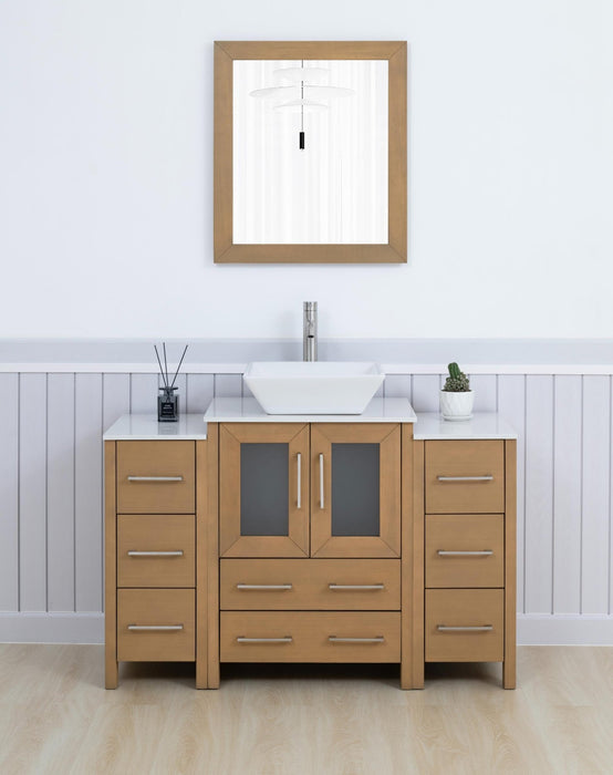 Ravenna 48" Single Sink Bathroom Vanity Combo Set, 8 - Drawers, 1 - Shelf, 3 Cabinet White Engineered Marble Top and Ceramic Vessel Sink Bathroom Cabinet with Free Mirror - HomeBeyond