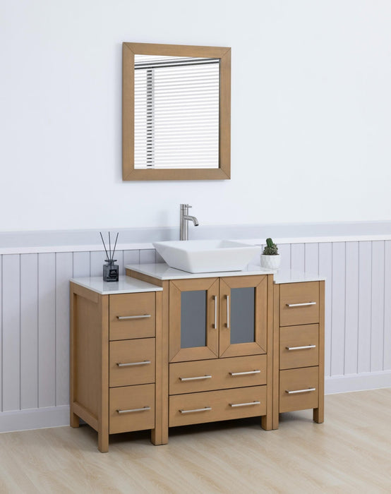 Ravenna 48" Single Sink Bathroom Vanity Combo Set, 8 - Drawers, 1 - Shelf, 3 Cabinet White Engineered Marble Top and Ceramic Vessel Sink Bathroom Cabinet with Free Mirror - HomeBeyond