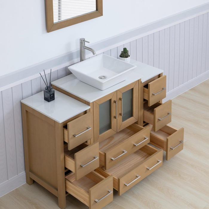 Ravenna 48" Single Sink Bathroom Vanity Combo Set, 8 - Drawers, 1 - Shelf, 3 Cabinet White Engineered Marble Top and Ceramic Vessel Sink Bathroom Cabinet with Free Mirror - HomeBeyond