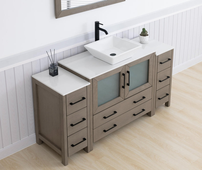 Ravenna 60" Single Sink Small Bathroom Vanity Set, 8 Drawers 1 Shelf Engineered Marble Top and Ceramic Vessel Sink Bathroom Cabinet with Mirror - HomeBeyond