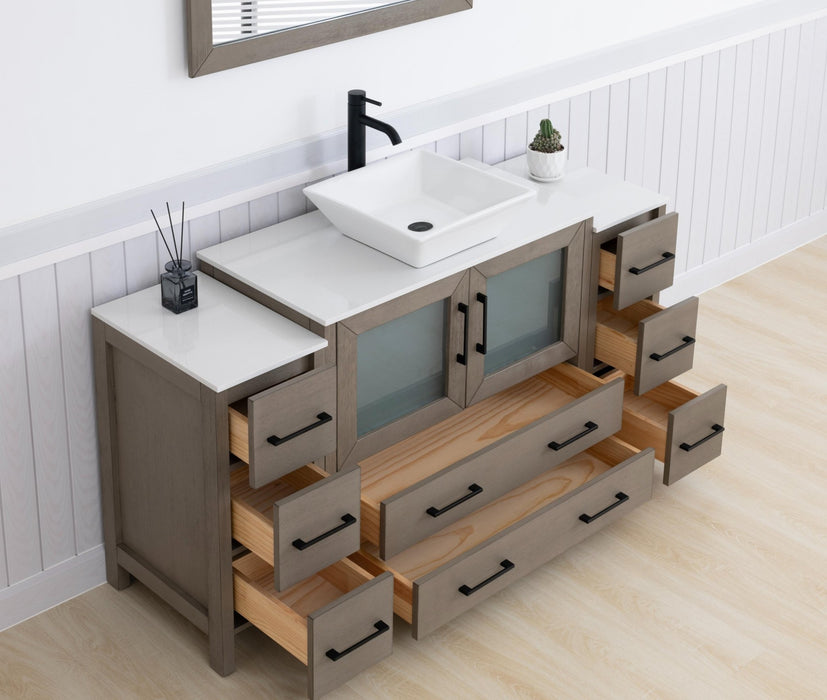 Ravenna 60" Single Sink Small Bathroom Vanity Set, 8 Drawers 1 Shelf Engineered Marble Top and Ceramic Vessel Sink Bathroom Cabinet with Mirror - HomeBeyond