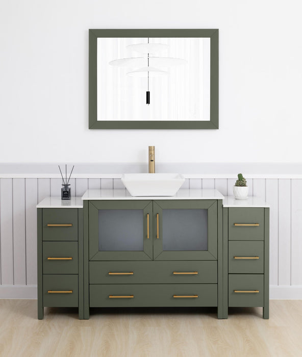 Ravenna 60" Single Sink Small Bathroom Vanity Set, 8 Drawers 1 Shelf Engineered Marble Top and Ceramic Vessel Sink Bathroom Cabinet with Mirror - HomeBeyond