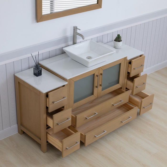 Ravenna 60" Single Sink Small Bathroom Vanity Set, 8 Drawers 1 Shelf Engineered Marble Top and Ceramic Vessel Sink Bathroom Cabinet with Mirror - HomeBeyond