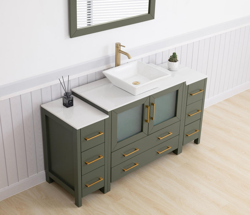 Ravenna 60" Single Sink Small Bathroom Vanity Set, 8 Drawers 1 Shelf Engineered Marble Top and Ceramic Vessel Sink Bathroom Cabinet with Mirror - HomeBeyond