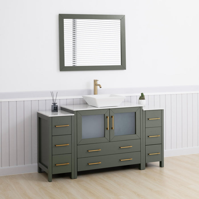 Ravenna 60" Single Sink Small Bathroom Vanity Set, 8 Drawers 1 Shelf Engineered Marble Top and Ceramic Vessel Sink Bathroom Cabinet with Mirror - HomeBeyond