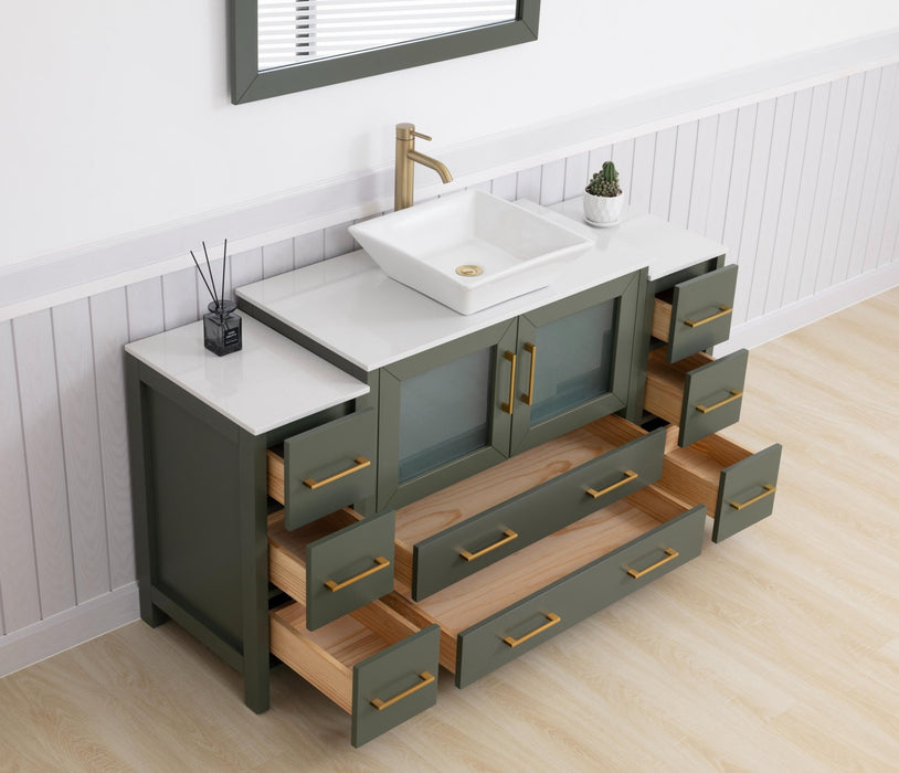 Ravenna 60" Single Sink Small Bathroom Vanity Set, 8 Drawers 1 Shelf Engineered Marble Top and Ceramic Vessel Sink Bathroom Cabinet with Mirror - HomeBeyond
