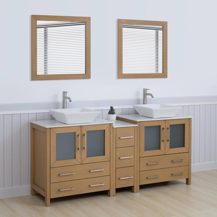 Ravenna 72" Double Sink Bathroom Vanity Combo Set, 7 Drawers 2 Shelves 3 Cabinets White Engineered Marble Top and Ceramic Sink Bathroom Cabinet with Free Mirrors - HomeBeyond