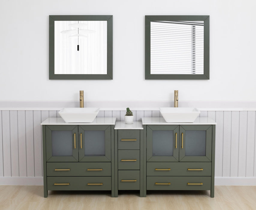 Ravenna 72" Double Sink Bathroom Vanity Combo Set, 7 Drawers 2 Shelves 3 Cabinets White Engineered Marble Top and Ceramic Sink Bathroom Cabinet with Free Mirrors - HomeBeyond
