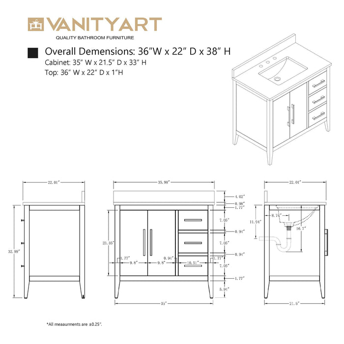36β Single Sink Bathroom Vanity Cabinet with Engineered Marble Top - HomeBeyond