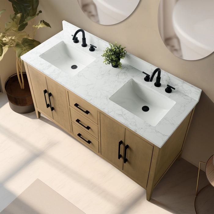 60β Double Sink Bathroom Vanity Cabinet with Engineered Marble Top - HomeBeyond