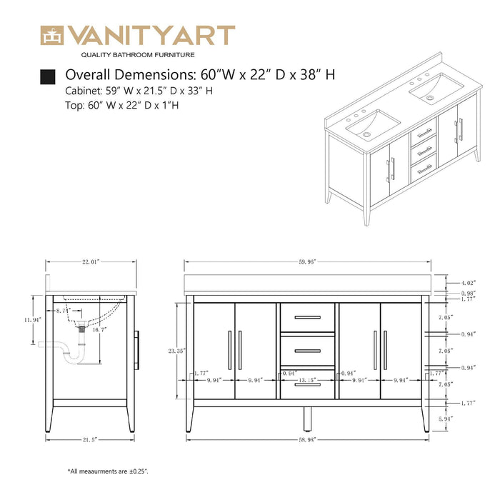 60β Double Sink Bathroom Vanity Cabinet with Engineered Marble Top - HomeBeyond