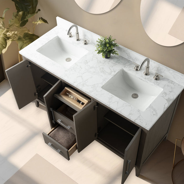 60β Double Sink Bathroom Vanity Cabinet with Engineered Marble Top - HomeBeyond