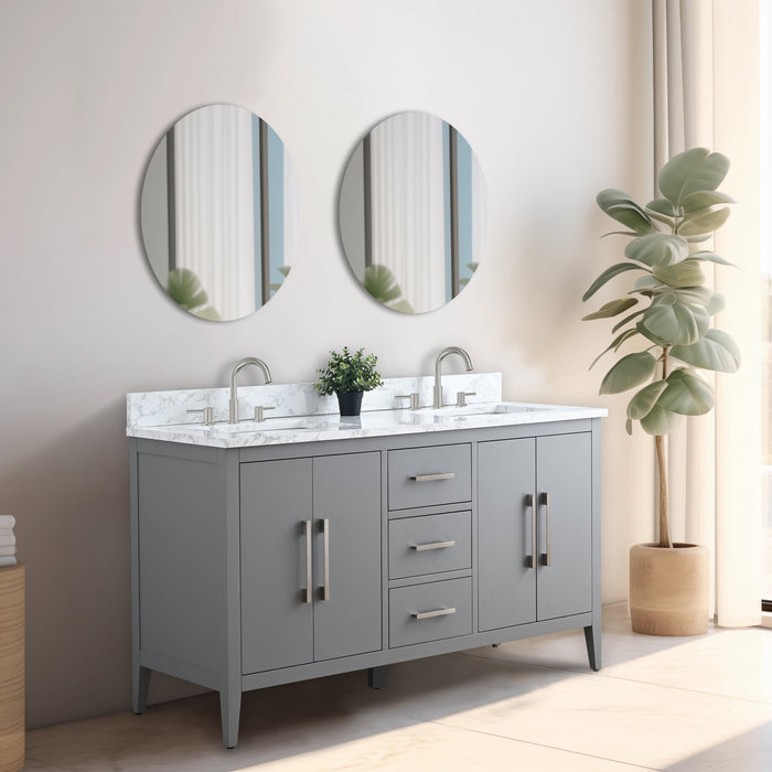 60β Double Sink Bathroom Vanity Cabinet with Engineered Marble Top - HomeBeyond