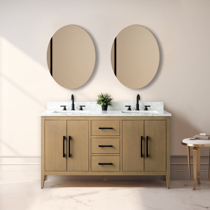 60β Double Sink Bathroom Vanity Cabinet with Engineered Marble Top - HomeBeyond