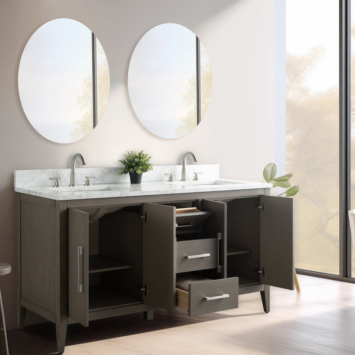 60β Double Sink Bathroom Vanity Cabinet with Engineered Marble Top - HomeBeyond
