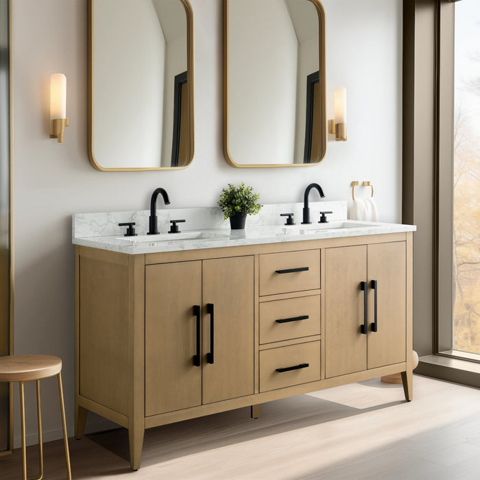 60β Double Sink Bathroom Vanity Cabinet with Engineered Marble Top - HomeBeyond
