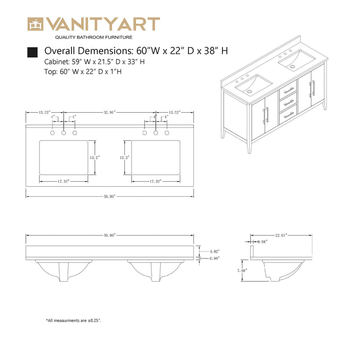 60β Double Sink Bathroom Vanity Cabinet with Engineered Marble Top - HomeBeyond