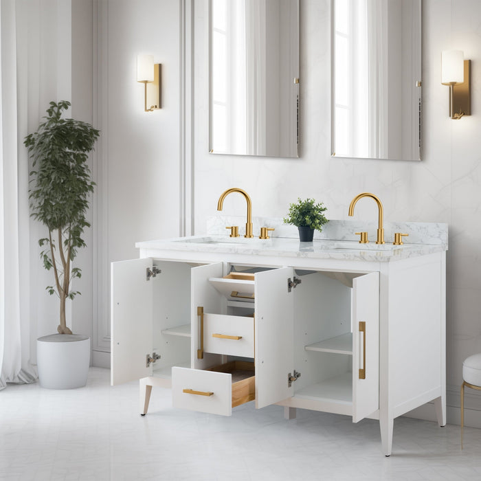 60β Double Sink Bathroom Vanity Cabinet with Engineered Marble Top - HomeBeyond