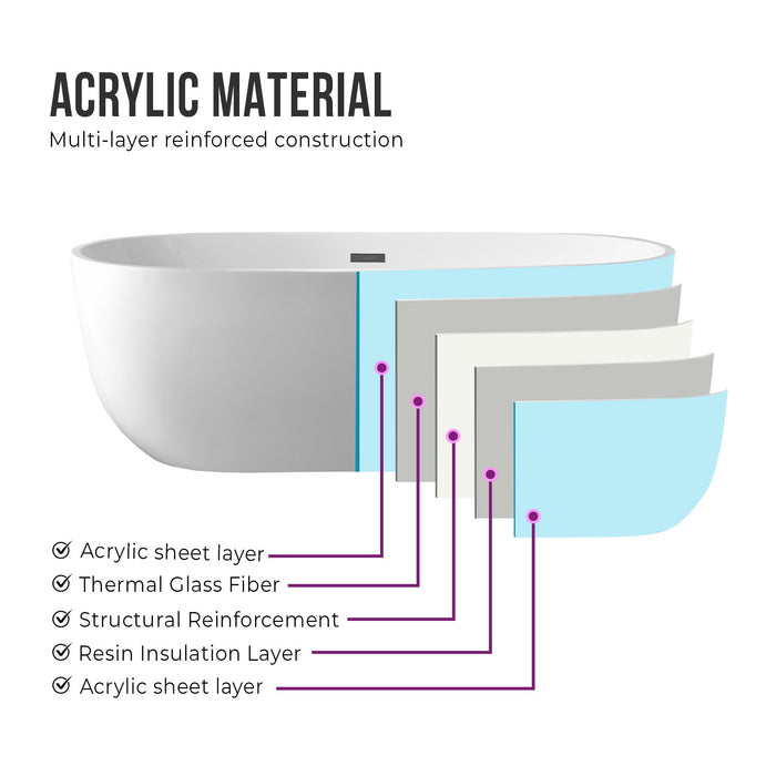 67" or 59" Freestanding White Acrylic Bathtub UPC Certified Modern Stand Alone Soaking Tub - HomeBeyond