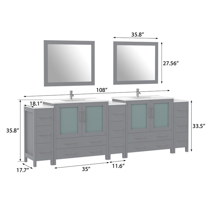 108" Double Sink Modern Bathroom Vanity Set with Ceramic Top & Two Free Mirrors – Large Storage Cabinet with 13 Drawers VA3036-108 - HomeBeyond