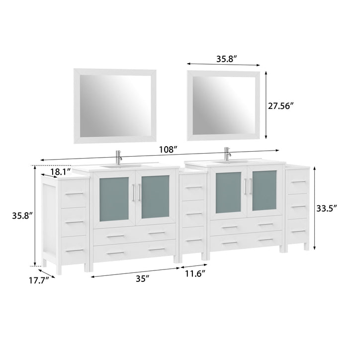 108" Double Sink Modern Bathroom Vanity Set with Ceramic Top & Two Free Mirrors – Large Storage Cabinet with 13 Drawers VA3036-108 - HomeBeyond