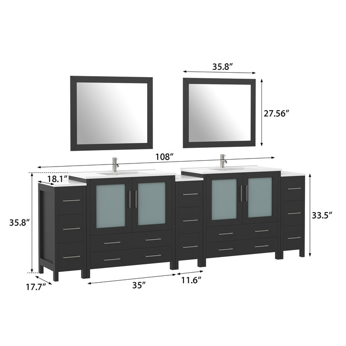 108" Double Sink Modern Bathroom Vanity Set with Ceramic Top & Two Free Mirrors – Large Storage Cabinet with 13 Drawers VA3036-108 - HomeBeyond