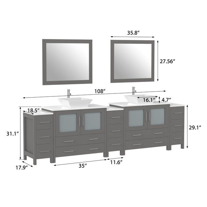 108" Double Sink Modern Bathroom Vanity Set with White Engineered Marble Top & Free Mirrors – Large Storage Cabinet with 13 Drawers VA3136-108 - HomeBeyond