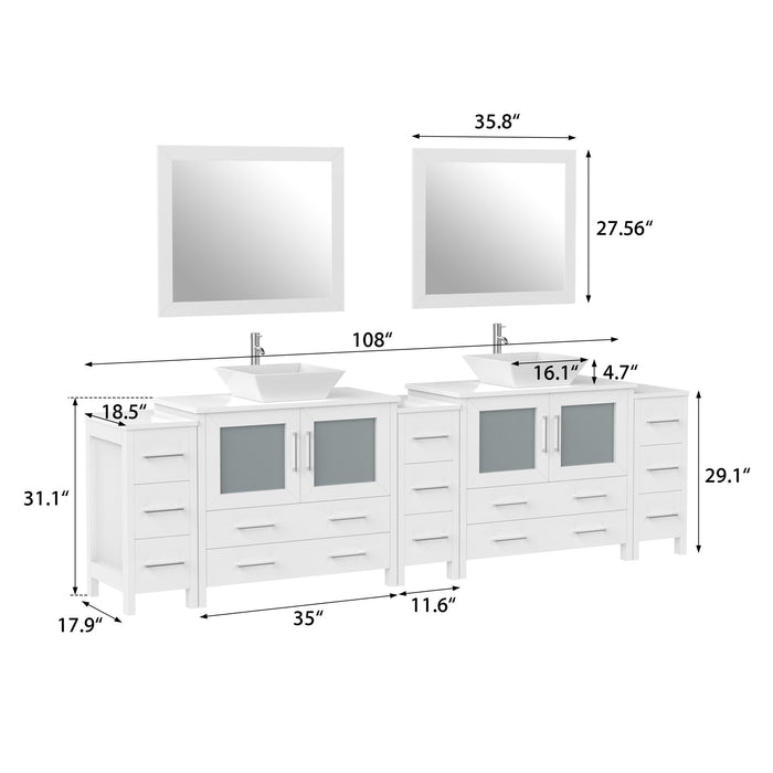 108" Double Sink Modern Bathroom Vanity Set with White Engineered Marble Top & Free Mirrors – Large Storage Cabinet with 13 Drawers VA3136-108 - HomeBeyond