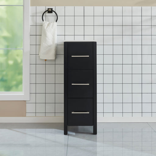 HomeBeyond 12-inch matte black 3-drawer bathroom storage cabinet with brushed nickel handles, front view