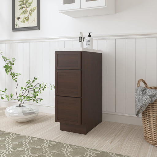 Side angle view of 12-inch espresso 3-drawer freestanding bathroom storage cabinet with white top
