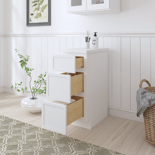12-inch white bathroom base cabinet with all 3 drawers open revealing natural birch plywood interiors