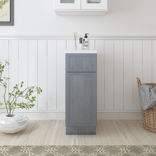 12-inch dark gray woodgrain freestanding bathroom base cabinet front view with white countertop