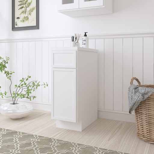 12-inch white freestanding bathroom base cabinet side angle view with white countertop