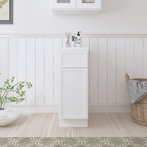 Front view of 12-inch white shaker-style freestanding bathroom base cabinet in bathroom setting