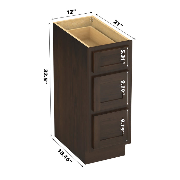 12" Modern Freestanding Oak Plywood Bathroom Vanity Base Only – Compact Side Storage Cabinet with 3 Soft-Closing Drawers VA40123 - HomeBeyond