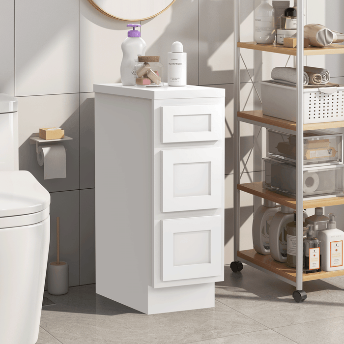 12" Single Bathroom Vanity Base Cabinet, Solid Wood Perfect Small Entryway Side Storage Cabinet with 3 Soft - Closing Drawers - HomeBeyond
