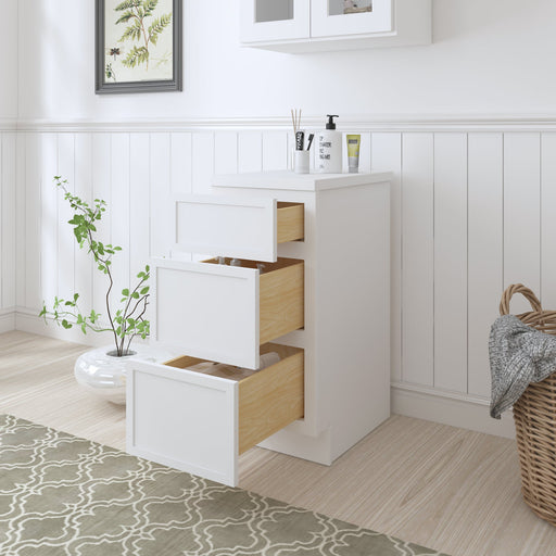 White 3-drawer bathroom vanity cabinet with drawers open revealing natural wood interiors in bathroom
