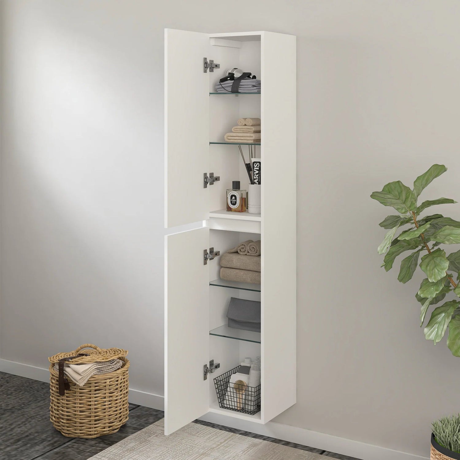 16" x 63" x 12" Modern Wall-Mounted Bathroom Side Cabinet with LED Light – High-Gloss Storage Cabinet with 2 Soft-Closing Doors & Shelves VA6011WL - HomeBeyond