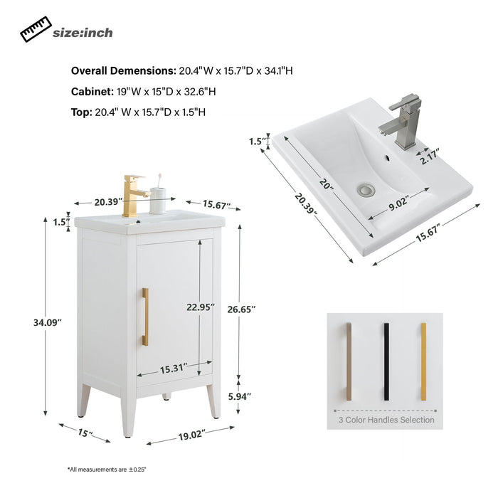 20" Single Sink Modern Freestanding Bathroom Vanity Set with Arabescato White Engineered Marble Top – Compact Storage Cabinet with Soft-Closing Door VA9020 - HomeBeyond