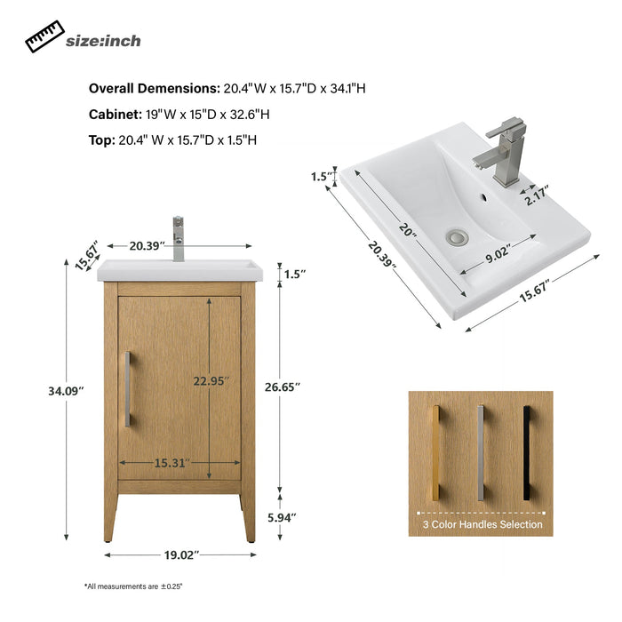 20" Single Sink Modern Freestanding Bathroom Vanity Set with Arabescato White Engineered Marble Top – Compact Storage Cabinet with Soft-Closing Door VA9020 - HomeBeyond